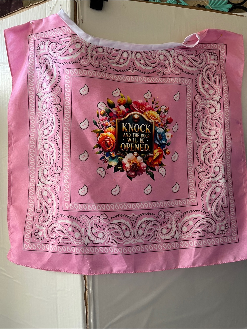 Pink Floral Bandana top with words Knock and the Door Design